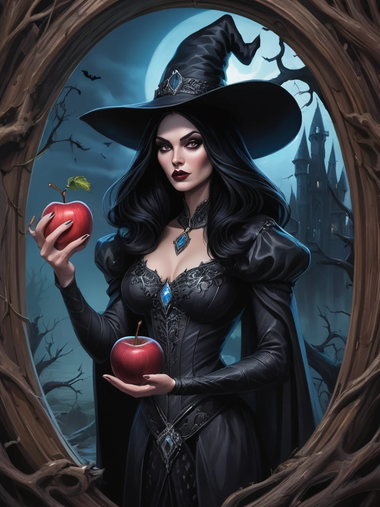 wonderland，Witch with mysterious powers，beautiful，Black hair，Dark Castle，Dead Wood, ((Holding a poisoned apple，Poison Magic))，(Magic mirror)，Witch Queen，magic, Fantastic, Fantasy art concept, Intricate details, best quality, masterpiece, Extremely sharp, Surrealism