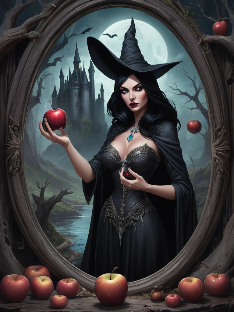 wonderland，Witch with mysterious powers，beautiful，Black hair，Dark Castle，Dead Wood, ((Holding a poisoned apple，Poison Magic))，(Magic mirror)，Witch Queen，magic, Fantastic, Fantasy art concept, Intricate details, best quality, masterpiece, Extremely sharp, Surrealism