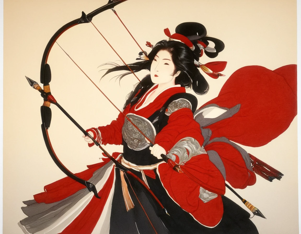 a Japanese watercolor illustration (using Black, white and red colors only) of a exquisite beautiful female archer, (silhouette artwork: 1.3), aiming a bow, holding the (composite masterwork bow: 1.3)  perfectly, ready for action as the sun rises, fantasy art, ), sun rising behind the archer, ready to act,  ultra feminine, with a long curvy hair, wearing knights armor, intricate clothes, , sting drawn to the cheek , arrow ready to be shot, (tip of the arrow glimmers in the sun: 1.3), sunrays, divine rays, high details, best quality, 16k, [ultra detailed], masterpiece, best quality, (extremely detailed), dynamic angle, Aiming a Bow, bow (weapon), ral-wtrclr