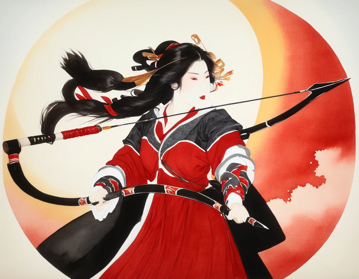 a Japanese watercolor illustration (using Black, white and red colors only) of a exquisite beautiful female archer, (silhouette artwork: 1.3), aiming a bow, holding the (composite masterwork bow: 1.3)  perfectly, ready for action as the sun rises, fantasy art, ), sun rising behind the archer, ready to act,  ultra feminine, with a long curvy hair, wearing knights armor, intricate clothes, , sting drawn to the cheek , arrow ready to be shot, (tip of the arrow glimmers in the sun: 1.3), sunrays, divine rays, high details, best quality, 16k, [ultra detailed], masterpiece, best quality, (extremely detailed), dynamic angle, Aiming a Bow, bow (weapon), ral-wtrclr