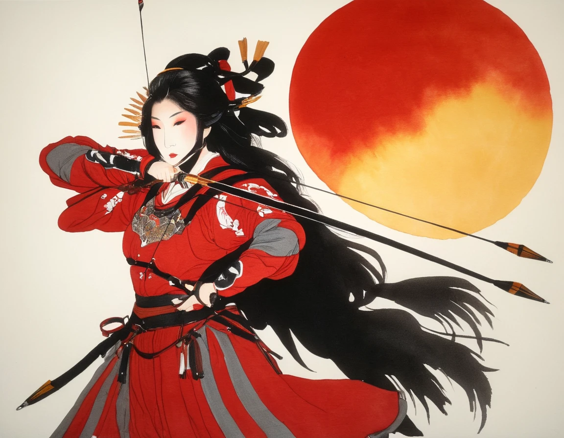 a Japanese watercolor illustration (using Black, white and red colors only) of a exquisite beautiful female archer, (silhouette artwork: 1.3), aiming a bow, holding the (composite masterwork bow: 1.3)  perfectly, ready for action as the sun rises, fantasy art, ), sun rising behind the archer, ready to act,  ultra feminine, with a long curvy hair, wearing knights armor, intricate clothes, , sting drawn to the cheek , arrow ready to be shot, (tip of the arrow glimmers in the sun: 1.3), sunrays, divine rays, high details, best quality, 16k, [ultra detailed], masterpiece, best quality, (extremely detailed), dynamic angle, Aiming a Bow, bow (weapon), ral-wtrclr