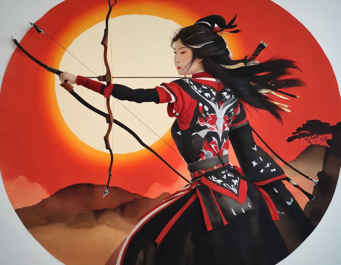 a Japanese watercolor illustration (using Black, white and red colors only) of a exquisite beautiful female archer, (silhouette artwork: 1.3), aiming a bow, holding the (composite masterwork bow: 1.3)  perfectly, ready for action as the sun rises, fantasy art, ), sun rising behind the archer, ready to act,  ultra feminine, with a long curvy hair, wearing knights armor, intricate clothes, , sting drawn to the cheek , arrow ready to be shot, (tip of the arrow glimmers in the sun: 1.3), sunrays, divine rays, high details, best quality, 16k, [ultra detailed], masterpiece, best quality, (extremely detailed), dynamic angle, Aiming a Bow, bow (weapon), ral-wtrclr