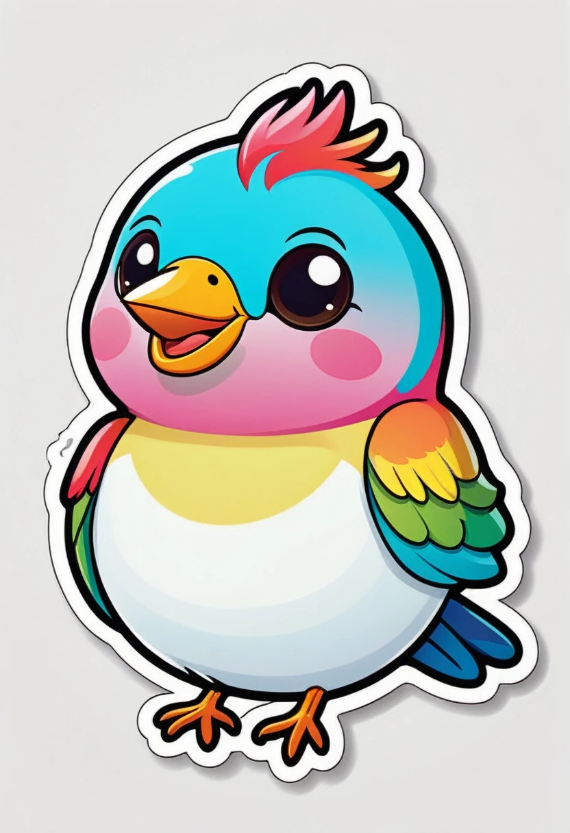 sticker, happy colored bird, kawaii, outline, vector, white background