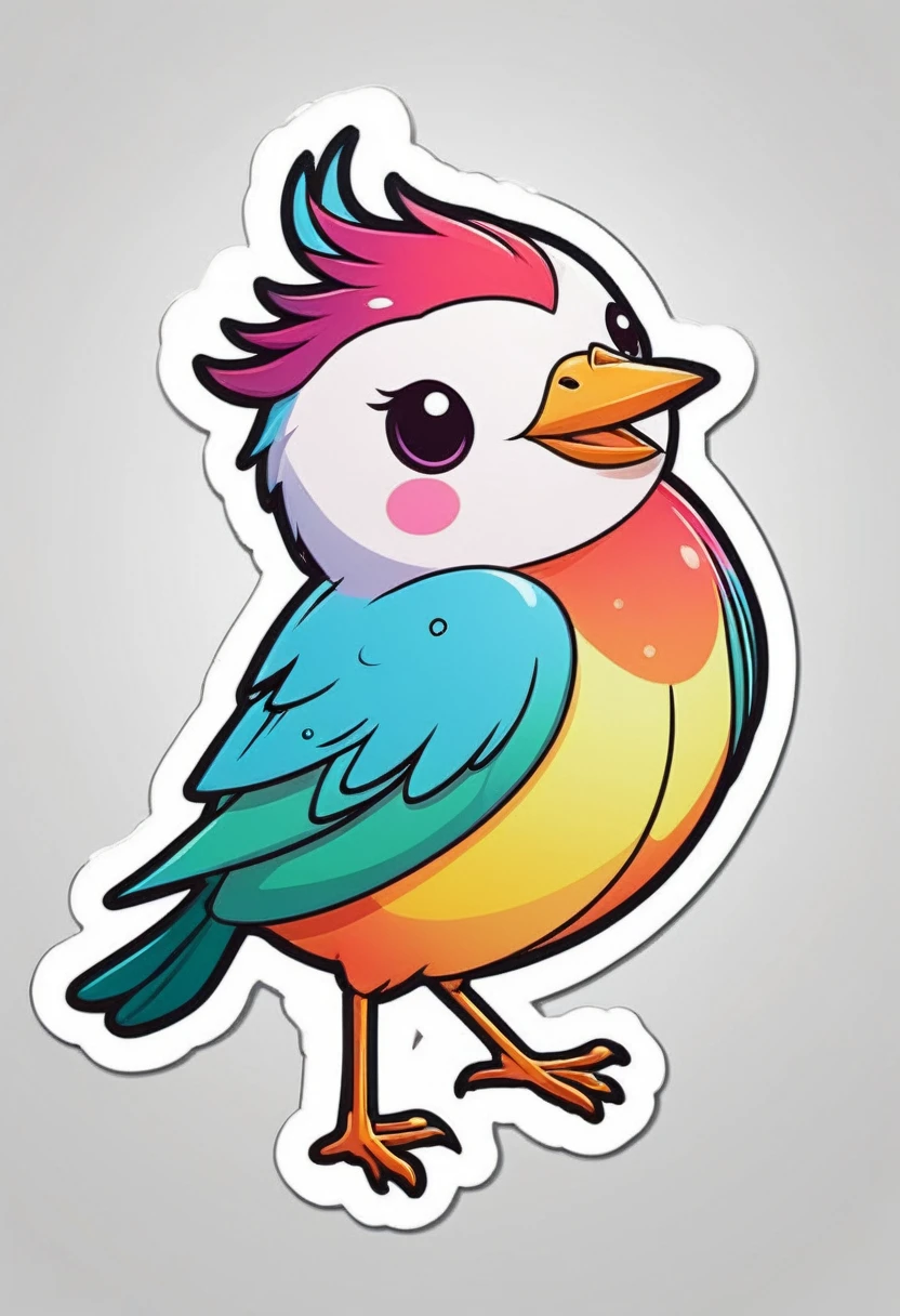 sticker, happy colored bird, kawaii, outline, vector, white background