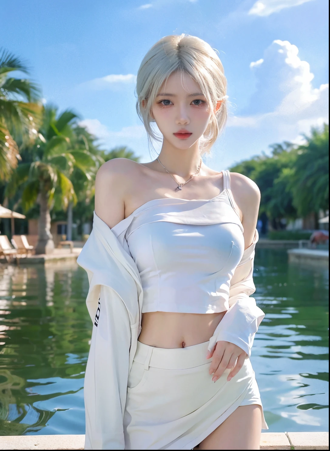 Beautiful woman with perfect figure:1.4，Swimming background，Desert Background，Ultra-high resolution，Seductive laughter，wear glasses，White legs，（lifelike：1.4），Layered Hairstyle，White皮肤，Super short pleated skirt，whole body，Very delicate face and skin texture，Double eyelids，Skin Whitening，Long hair，White hair，White，