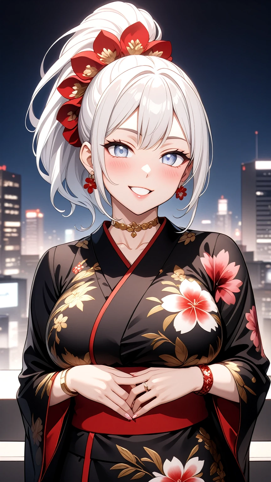 ((One personの女性)), Beautiful Face, (Laughing embarrassedly), (laugh:1.2),((Wink:1.7)), (head tilt:1.3), Laugh with your mouth wide open, upper teeth, ((waving at viewer)), ((Bright red cheeks:1.4)),Glossy Red Lips,night, Skyscraper rooftop, firework, Shining Face, ((Anime style background)),masterpiece, Highest quality, so beautiful,up to date, Complex details, (Pink long nails),(ring),(bracelet),(Floral choker),AI-generated, Complex,High resolution, Highest quality, super high quality,3D Images、3D Images,One person,Long white hair,High Ponytail, Anime woman posing for a photo,(blue eyes), ((Fine grain、Silvery white, lightly pigmented eyes、Shining Eyes:1.4)), (Squint your eyes:1.1), a hyperRealistic , hyperRealistic , Realistic,Anime woman with long white hair, Smooth anime CG art, A woman in a colorful kimono with gold embroidery, (Black long sleeve kimono),Red floral pattern,Long flower hair ornament,Floral Earrings,Mature Body,(Big Breasts:1.1),Tall,Abdominal muscles,Tight waist, (Zoom in on face:1.4), (front view),
