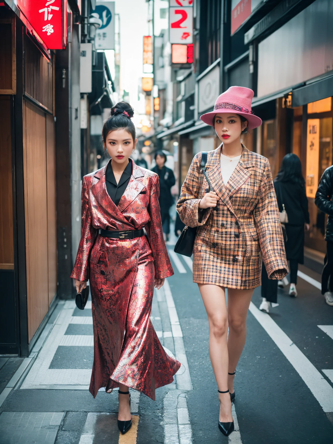 A fashionable woman walking down a Tokyo street, stylish street fashion, realistic street snap photography, a chic fashion model wearing an avant-garde and cutting-edge outfit, intricate details, vivid colors, dramatic lighting, highres, photo-realistic, professional photography