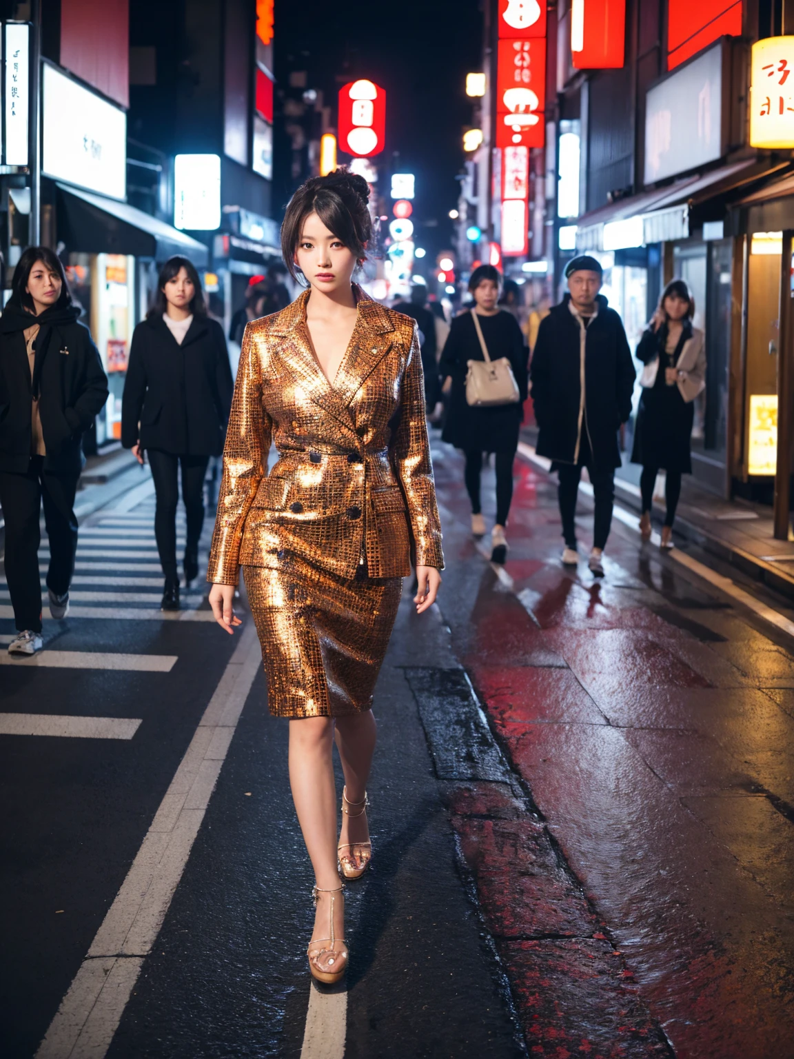 A fashionable woman walking down a Tokyo street, stylish street fashion, realistic street snap photography, a chic fashion model wearing an avant-garde and cutting-edge outfit, intricate details, vivid colors, dramatic lighting, highres, photo-realistic, professional photography