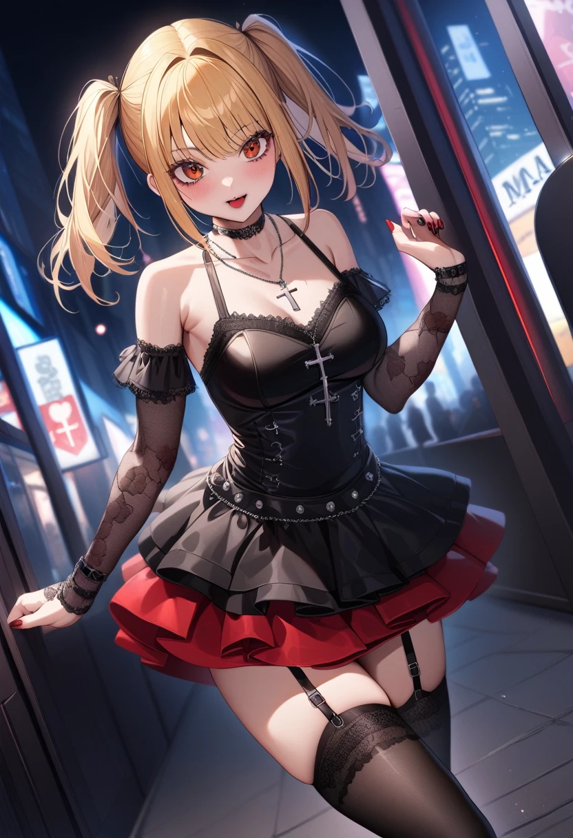 1girl,solo,amane misa, death note,super detailed skin,shiny skin,natural face,blonde hair,twintails,Goth,punk, thighhighs, dress, jewelry, collarbone, boots, detached sleeves, choker, black thighhighs, necklace, black footwear, black dress, sleeveless dress, garter straps, black choker, short dress, floral print, cross, red nails, cross necklace,,medium breasts,night city,dynamic angle,masterpiece,best quality,ultra detailed,high resolution,sharp focus,depth of field,