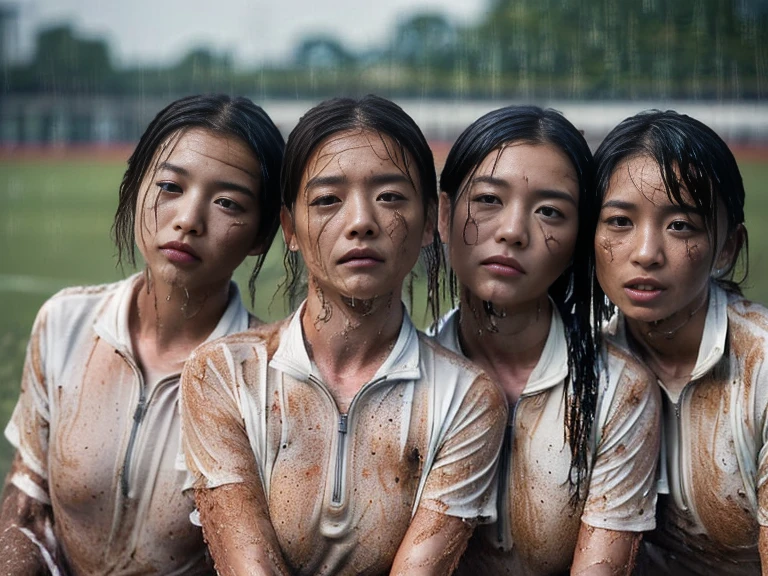 (A plain white short sleeved dirt stained field hockey uniform with a very tight white half zip:1.7)、(A large, dirt-stained, white, square collar: 1.6)、(Red clay ground:1.5)、My hair is wet and messy、(Beautiful Japanese woman covered in dirt:2.1)、Highest quality, masterpiece, Ultra-high resolution, Photorealistic, Raw Photos,Detailed face,(woman with strong arms:2.4), (Fastener open: 1.8), (Upper body zoom up:1.0),(Everyone wears the same clothes:1.0), All members are super beauties, (Three beautiful Japanese women standing in a row facing the camera: 1.5), (Hair tied up: 1.4), (Exhausted expression: 2.0), Bright photo, (My whole body is drenched in rain: 1.7)
