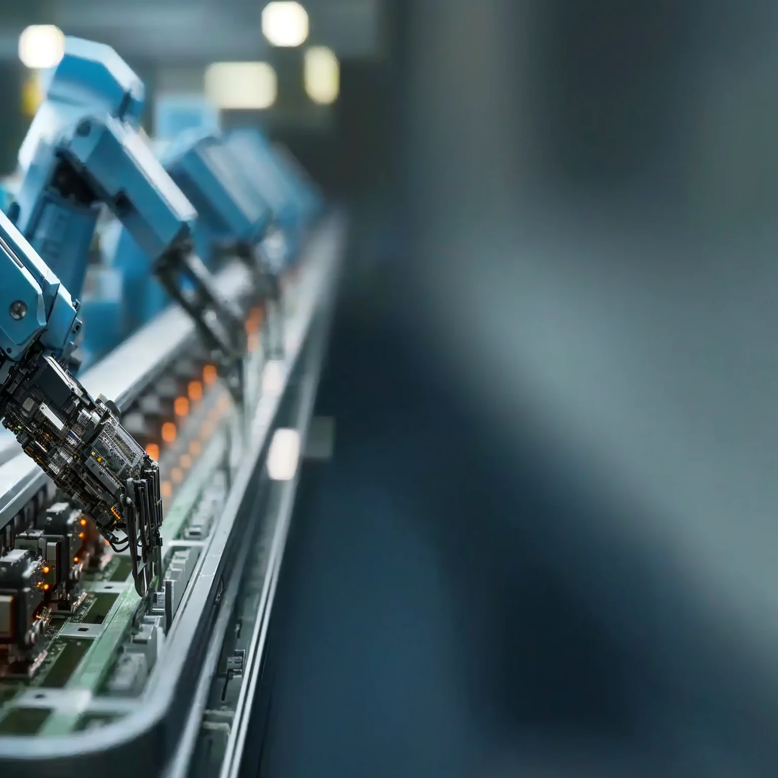 There is a lot of work on the computer, 先进的technology, Factory Background, On a dark background, rack focus, 执行industry旗帜, High quality details, Interesting background, conveyor, Business Banner, Industrial Photography, High-quality images, industry, Background blur, Light, High-quality photos, Looking at the camera, technology, platform, Wide-angle lens, manufacturing