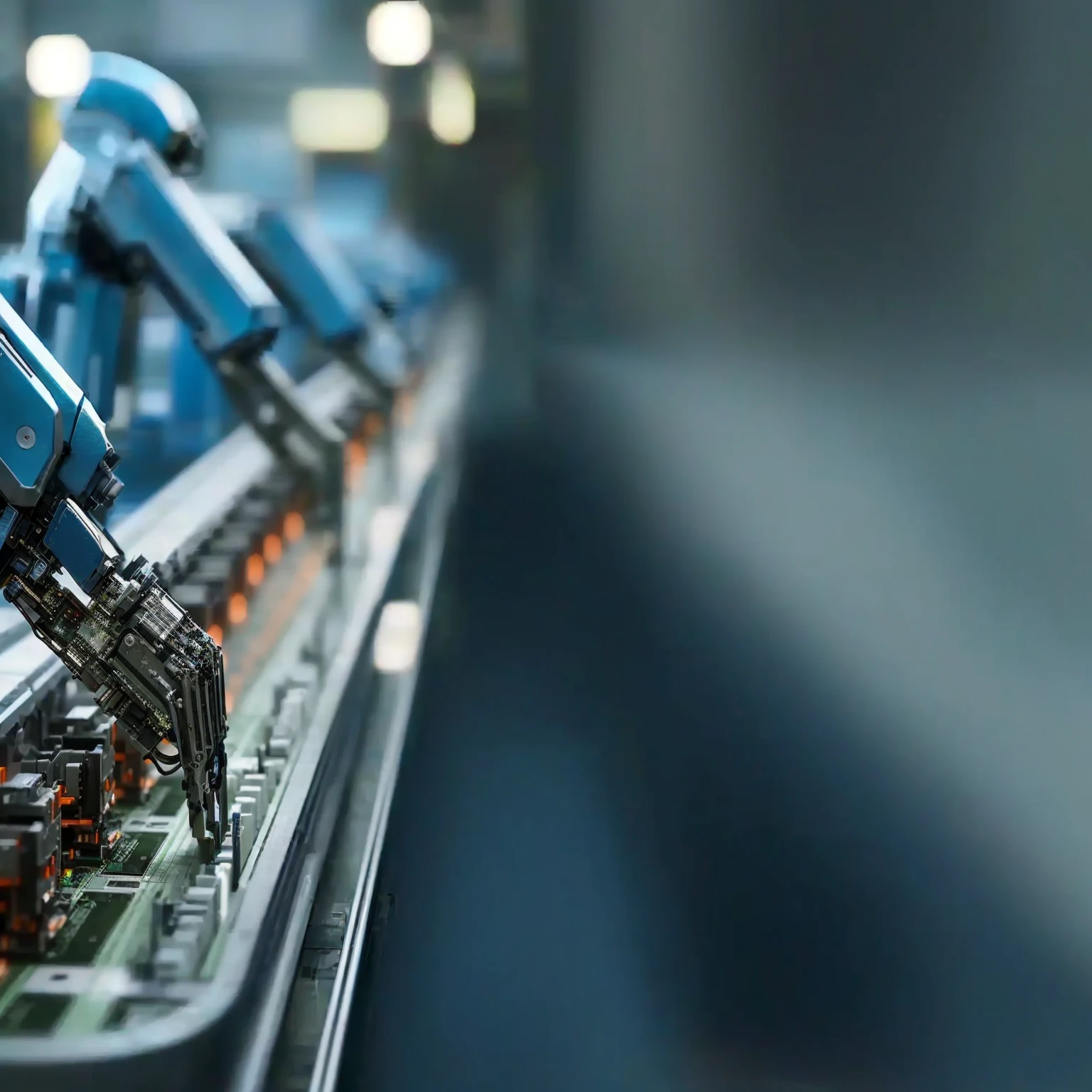 There is a lot of work on the computer, 先进的technology, Factory Background, On a dark background, rack focus, 执行industry旗帜, High quality details, Interesting background, conveyor, Business Banner, Industrial Photography, High-quality images, industry, Background blur, Light, High-quality photos, Looking at the camera, technology, platform, Wide-angle lens, manufacturing