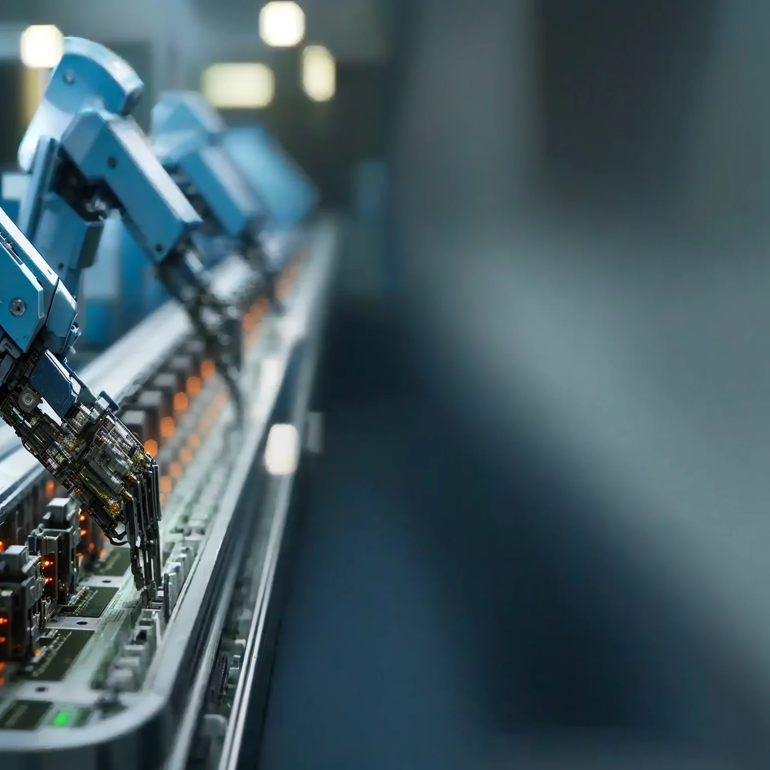 There is a lot of work on the computer, 先进的technology, Factory Background, On a dark background, rack focus, 执行industry旗帜, High quality details, Interesting background, conveyor, Business Banner, Industrial Photography, High-quality images, industry, Background blur, Light, High-quality photos, Looking at the camera, technology, platform, Wide-angle lens, manufacturing