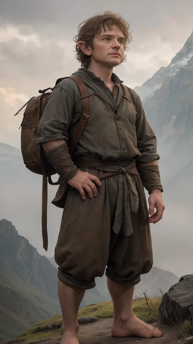 Martin Freeman as Bilbo Baggins or the Hobbit There and Back Again,curly hair, without shoes, barefoot, cinematic, against the backdrop of Mount Erebor Fantasy