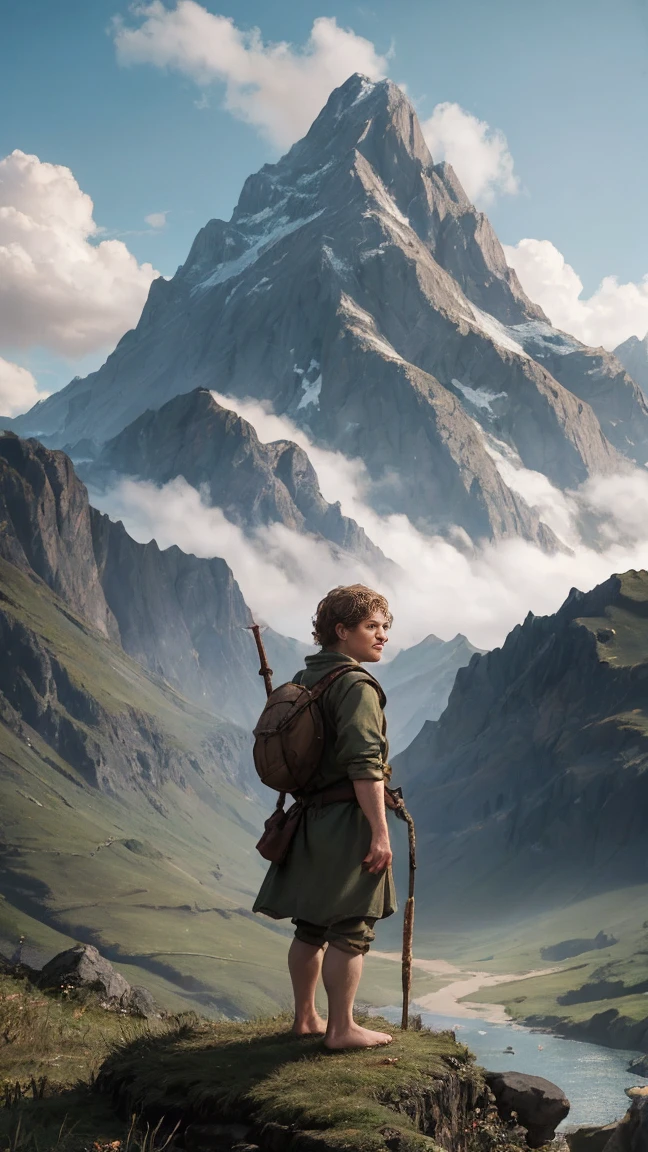 Martin Freeman as Bilbo Baggins or the Hobbit There and Back Again,curly hair, without shoes, barefoot, cinematic, against the backdrop of Mount Erebor Fantasy