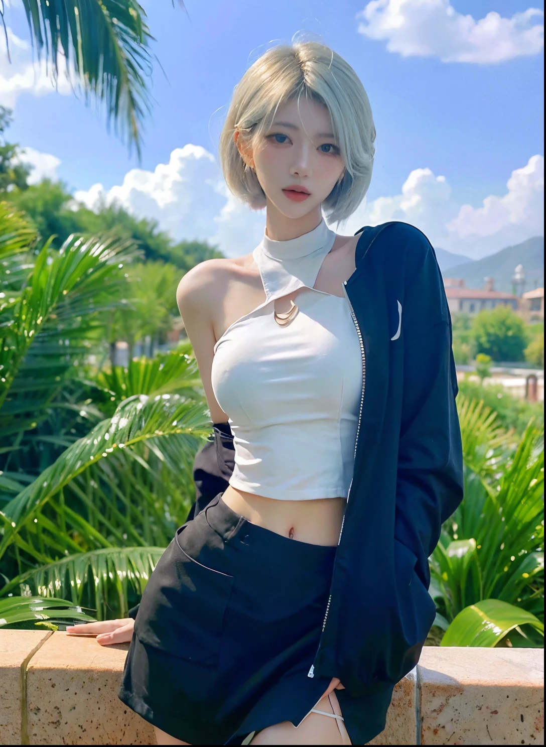 Beautiful woman with perfect figure:1.4，Swimming background，Desert Background，Ultra-high resolution，Seductive laughter，wear glasses，White legs，（lifelike：1.4），Layered Hairstyle，White皮肤，Super short pleated skirt，whole body，Very delicate face and skin texture，Double eyelids，Skin Whitening，Long hair，White hair，White，