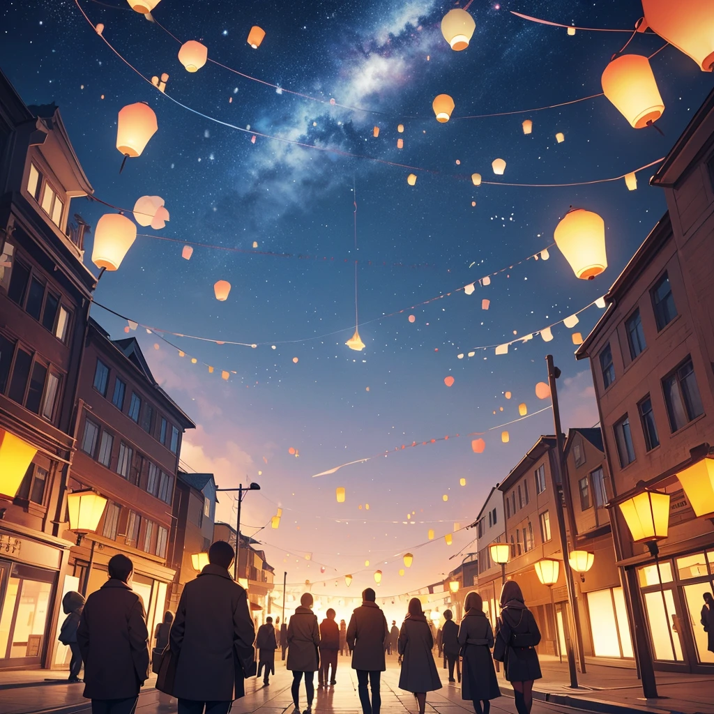 lanterns flying in the sky, no people 