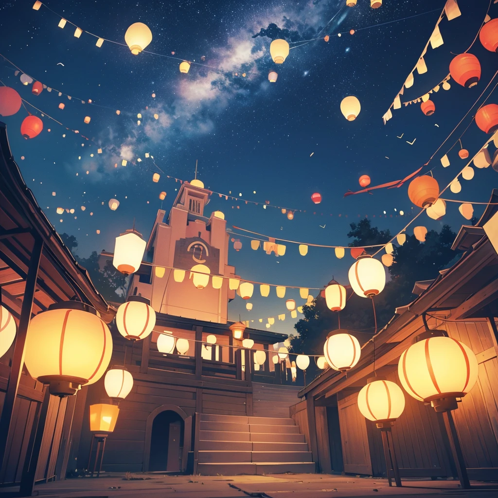 lanterns flying in the sky, no people