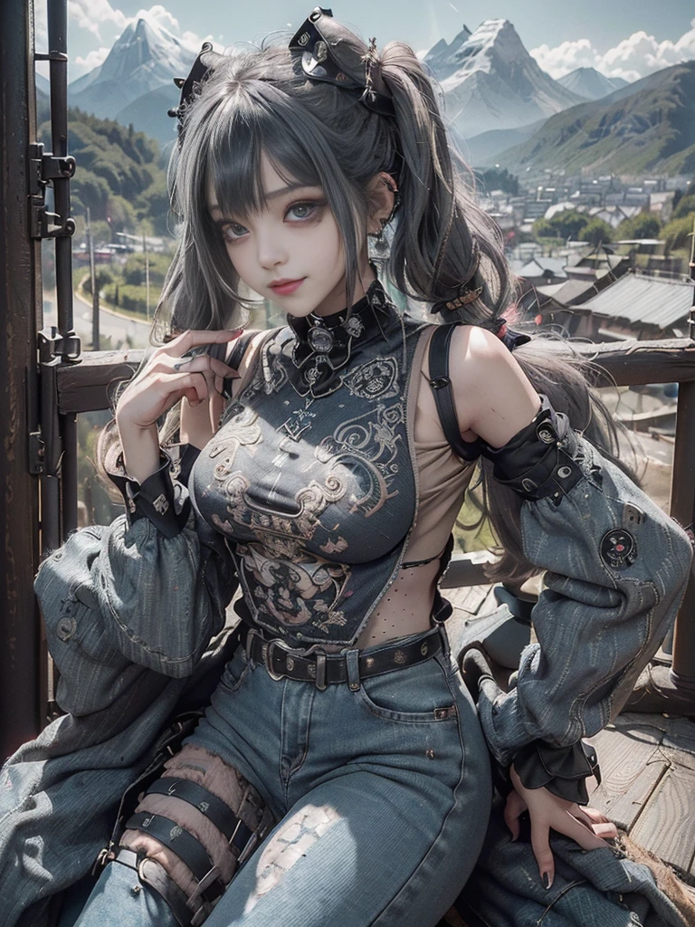 (Full Body View:1.4)、(Full body:1.3)、(Smiling with teeth showing:1.3),(Shibuya Gal:1.5)、(Gothic Lolita style fashion:1.5)、(Punk RockVisual Kei:1.5)、(Wearing a rhythmic gymnastics bodysuit with intricate details:1.4)、(Racing suit and pants with intricate decoration in beige, denim and charcoal:1.5)、(Denim and black and brown boots:1.3)、((belt))、(Numerous delicate logo marks all over the costume:1.4)、(collar:1.3)、(Polka dot underwear:1.5)、20-year-old、NSFW、((Highest quality、In 8K、masterpiece:1.3))、Sharp focus:1.2、(Layered Cut、Huge boobs:1.1),Beautiful woman with perfect figure:1.4、(do a gravure pose:1.3)、Slender Abs:1.2、Highly detailed face and skin texture、Detailed eyes、double eyelid,(Twin tails:1.3)、(Dark grey hair:1.3)、Gravure idol、(The background is a vast mountain々Beautiful European tourist destinations:1.3)、(Slim body:1.3),(Make your legs thinner:1.4),(clavicle:1.1)