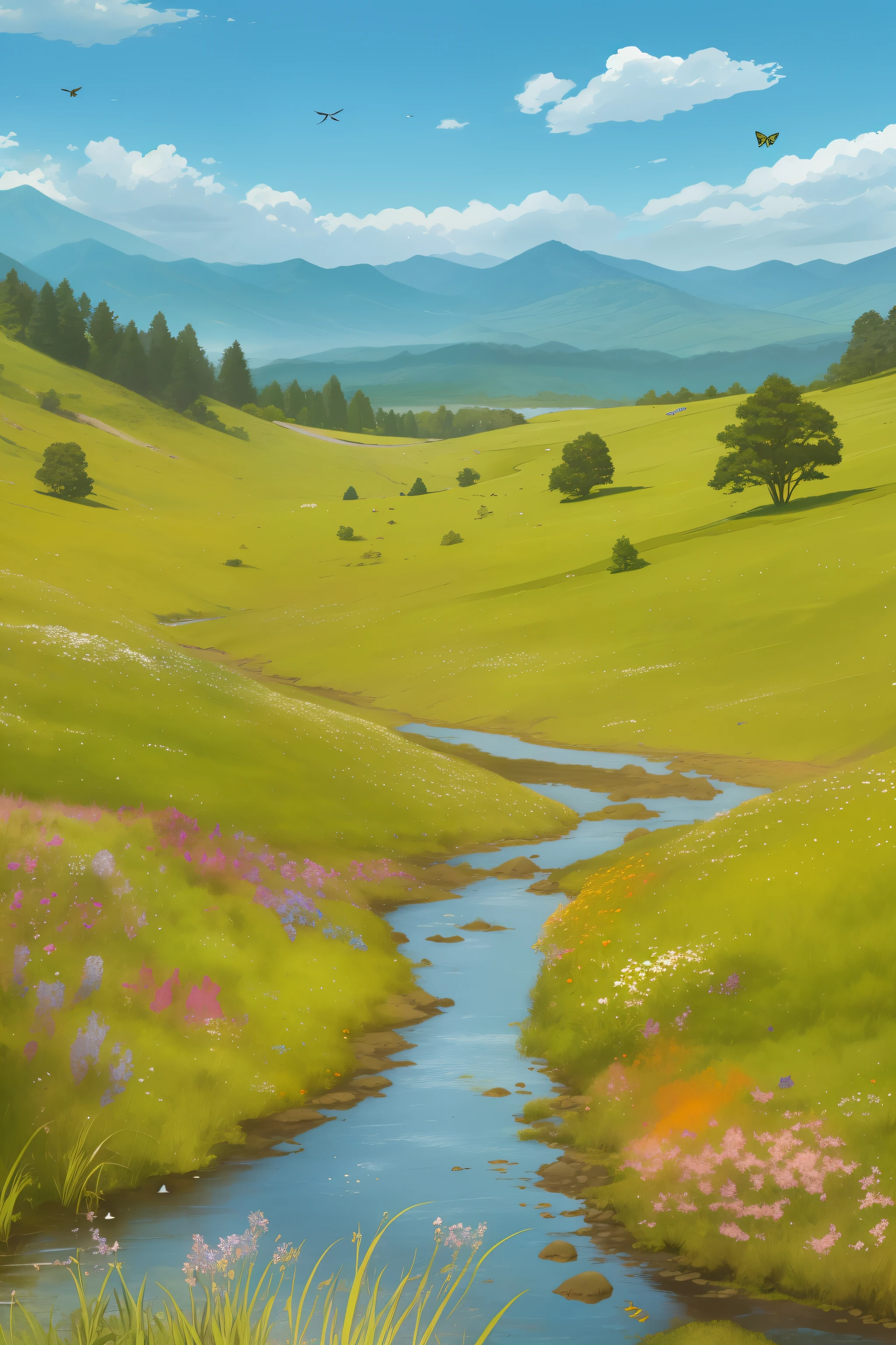 Distant scenery,Green mountains,clear blue skies,Flocks of birds fly in the sky,There are butterflies everywhere,Small river around,tussock,There are flowers on the ground,a warm color palette