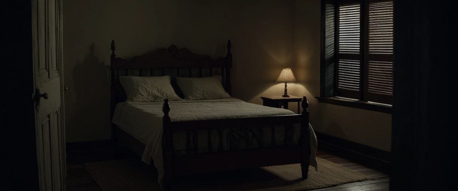 Distant view of a simple colonial style bed in a simple rental room at night. The room was dimly lit, casting eerie shadows. The wooden shutters were slightly open, letting in a little moonlight, creating an eerie atmosphere. (no people, realistic, 8K)