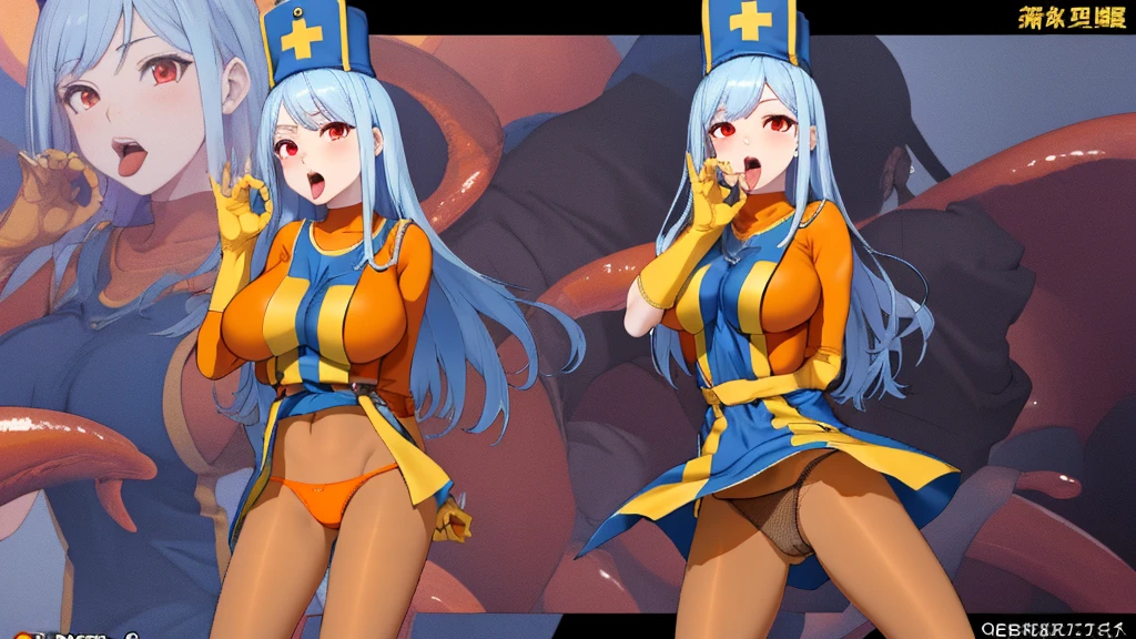 masterpiece,Highest quality, Unreal Engine, Super Resolution, Very detailed,
1 Girl, Waist, thin, (Muscular:0.8)
Round Breasts, Big Breasts, Bold,  Part your lips, Observe the audience,
Are standing, sexy pose
Waist shot,Tentacles entangled in chest,Spread your legs,
, Key Visual,
 Light blue hair, Red eyes, Long-haired monk \(dq3\)
,Orange bodysuit,Tabard Elbow Gloves((Spread your legs上げる:1.3)),、(Orange pantyhose、panties:1.6)