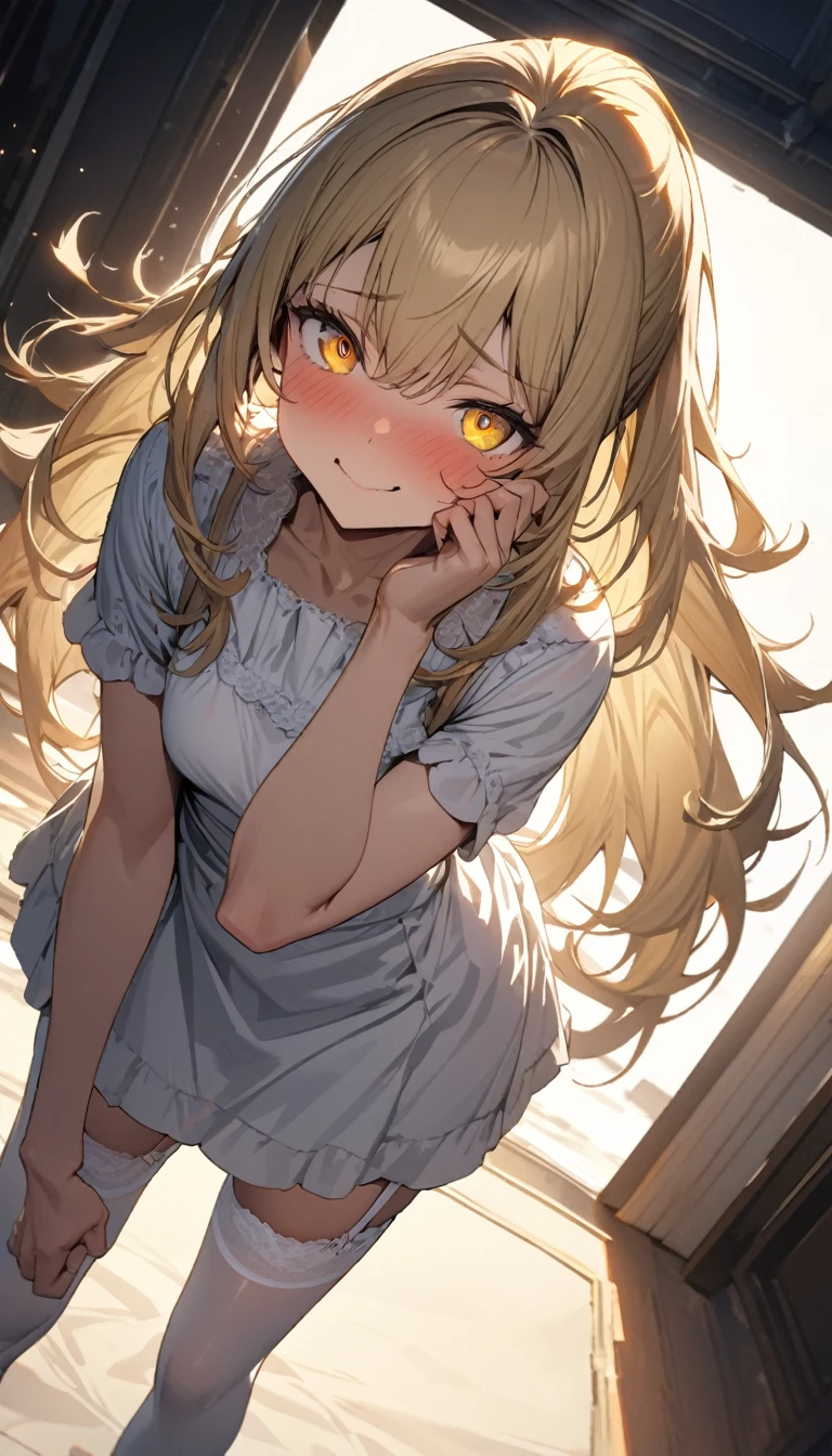 a handsome girl, solo,
blonde long hair, ponytail, bangs, yellow eyes, bright eyes,
white short dress, , garter rings, white tights,
embarrassed but happy,
perfect lighting, best angle,
masterpiece, best quality, extremely detailed face, extremely detailed,