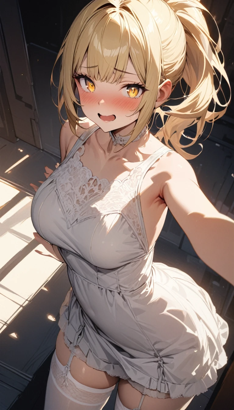 a handsome girl, solo,
blonde long hair, ponytail, bangs, yellow eyes, bright eyes,
white short dress, , garter rings, white tights,
embarrassed but happy,
perfect lighting, best angle,
masterpiece, best quality, extremely detailed face, extremely detailed,