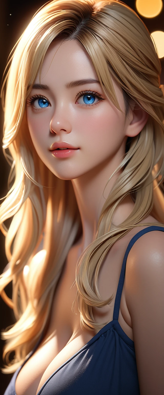 best quality, masterpiece, high resolution, portrait, Practical, blue eyes, blond, Large Breasts, 8k resolution, high qualityCG, Beautiful CG, Soft Light, Tyndall effect, lifelike, Two-color lighting, Side lighting, (HD Skin:1.2), 8K超高清, high quality, Volumetric Lighting, admit, photography, 超high resolution, 8K, Bokeh, Shallow depth of field