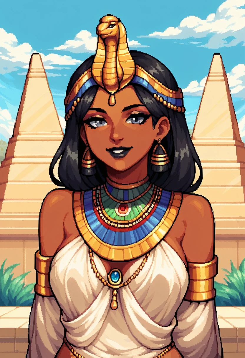 score_9, score_8_up, score_7_up, pixel art, 1girl, pyramid background, Acnient Egyptian, brown skin, traditional Ancient egyptian clothes , sunny, lovely, gentle smile, grey eyes, black lips, black eyes,