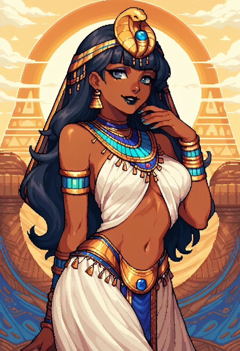 score_9, score_8_up, score_7_up, pixel art, 1girl, pyramid background, Acnient Egyptian, brown skin, traditional Ancient egyptian clothes , sunny, lovely, gentle smile, grey eyes, black lips, black eyes, 