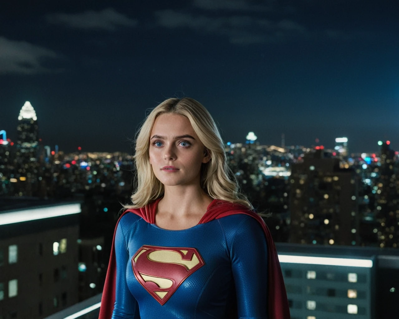 cinematic film still of ((Millie Gibson)) as supergirl ,wearing supergirl suit, standing on a roof top overlooking a city ,look up, serious expression, depth of field, telephoto lens, medium blonde hair, looking up,(full body focus),half closed-eyes, central composition, night time, at night, shallow depth of field, highly detailed, high budget, bokeh, cinemascope, depressing, epic, gorgeous, film grain, grainy, ((Interrupted left brow)),