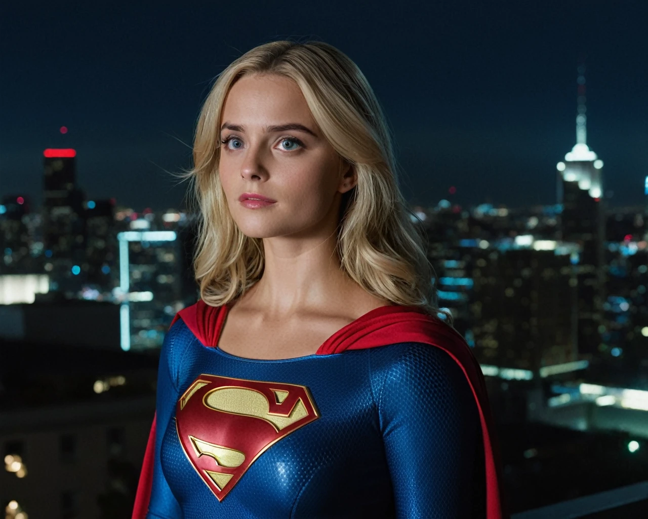 cinematic film still of ((Millie Gibson)) as supergirl ,wearing supergirl suit, standing on a roof top overlooking a city ,look up, serious expression, depth of field, telephoto lens, medium blonde hair, looking up,(full body focus),half closed-eyes, central composition, night time, at night, shallow depth of field, highly detailed, high budget, bokeh, cinemascope, depressing, epic, gorgeous, film grain, grainy, ((Interrupted left brow)),