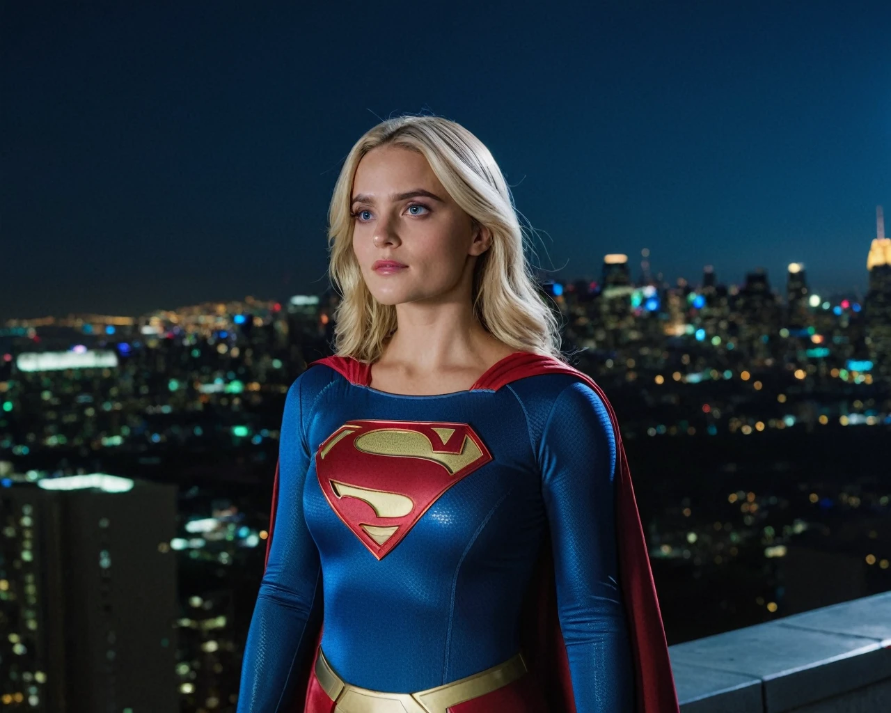 cinematic film still of ((Millie Gibson)) as supergirl ,wearing supergirl suit, standing on a roof top overlooking a city ,look up, serious expression, depth of field, telephoto lens, medium blonde hair, looking up,(full body focus),half closed-eyes, central composition, night time, at night, shallow depth of field, highly detailed, high budget, bokeh, cinemascope, depressing, epic, gorgeous, film grain, grainy, ((Interrupted left brow)),