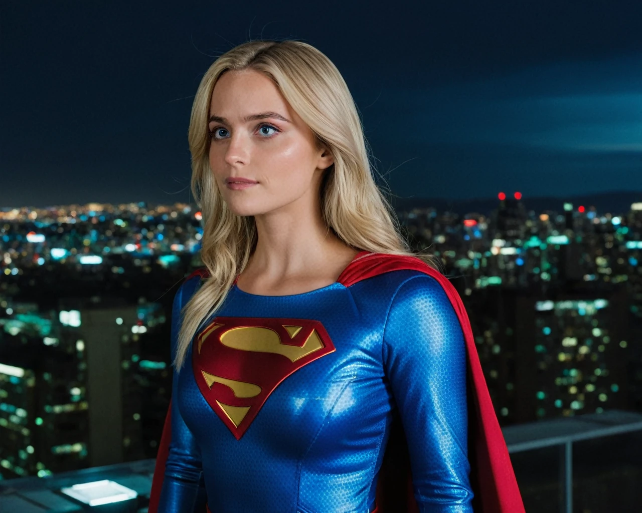 cinematic film still of ((Millie Gibson)) as supergirl ,wearing supergirl suit, standing on a roof top overlooking a city ,look up, serious expression, depth of field, telephoto lens, medium blonde hair, looking up,(full body focus),half closed-eyes, central composition, night time, at night, shallow depth of field, highly detailed, high budget, bokeh, cinemascope, depressing, epic, gorgeous, film grain, grainy, ((Interrupted left brow)),