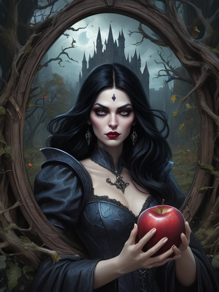 wonderland，Witch with mysterious powers，((beautiful))，Black hair，Dark Castle，Dead Wood, ((Holding a poisoned apple，Poison Magic))，(Magic mirror)，Witch Queen，magic, Fantastic, Fantasy art concept, Intricate details, best quality, masterpiece, Extremely sharp, Surrealism