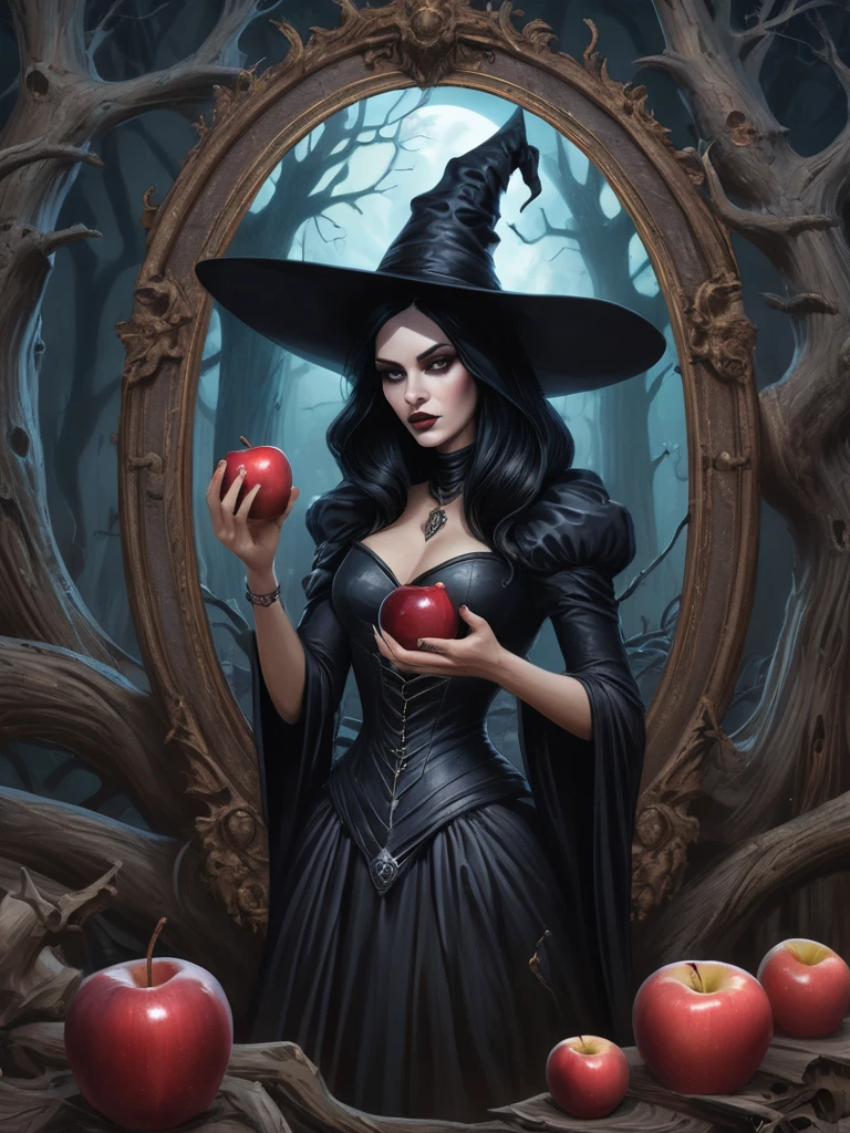 wonderland，Witch with mysterious powers，((beautiful))，Black hair，Dark Castle，Dead Wood, ((Holding a poisoned apple，Poison Magic))，(Magic mirror)，Witch Queen，magic, Fantastic, Fantasy art concept, Intricate details, best quality, masterpiece, Extremely sharp, Surrealism