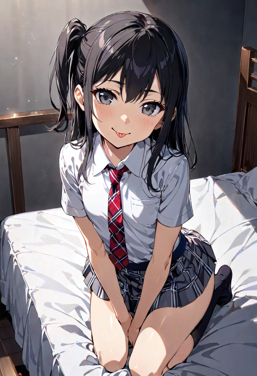 skirt lift,from front,front view,looking at viewer, looking ahead,from above,cowboy shot,1girl,Beautiful girl,Japanese,Slender,,low length,Small breasts,ThiSmall Ass,Baby Face,Smalace,Black Hair,one side up,Gray Eyes,Drooping eyes,middle School girls,uniform,Short sleeve shirt,Checked tie,Checked mini skirt,socks,black panties,tongue out,fre,Kneeling,Straight Stand,Beautiful and detailed anime art,Mischievous smile,Sexy vibe,Dimly lit room,On bed,Simple Background,Gray background,Low lighting,