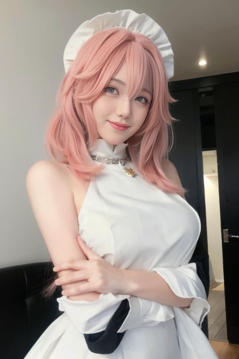 ((Best Quality, 8K, Masterpiece: 1.3)), ferpect lighting, Glowing skin, 1girl, Slim Belly Beauty: 1.3,(medium Breasts: 1.2), Dress: 1.1, Super Delicate Face, Delicate Eyes, Double Eyelids, Smile, Home, long hair, pink hair, jewelry, Earring, Bangs, (maid dress:1.5), Bare shoulders, standing, upper body, smile,