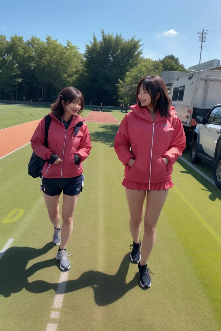 ((Tracking & Women's Track and Field))、(((1 person)))、((Sports swimwear:1.3))、((Stadium))、Super cute、smile、Beautiful breasts、Full Body Lesbian、playground、((Excellent style))、((Healthy Body))、((Short Hair Styles)) 、Japanese women、Photorealistic、Beautiful attention to detail、Hyperrealism、High Contrast、Ultra HD、Realistic skin texture、Best image quality、Highest quality、Ultra-high resolution、Fine details、With great care,Thin, See-through))Tight-fitting underwear with straps,She didn't realize that her nipples were showing through her stockings,