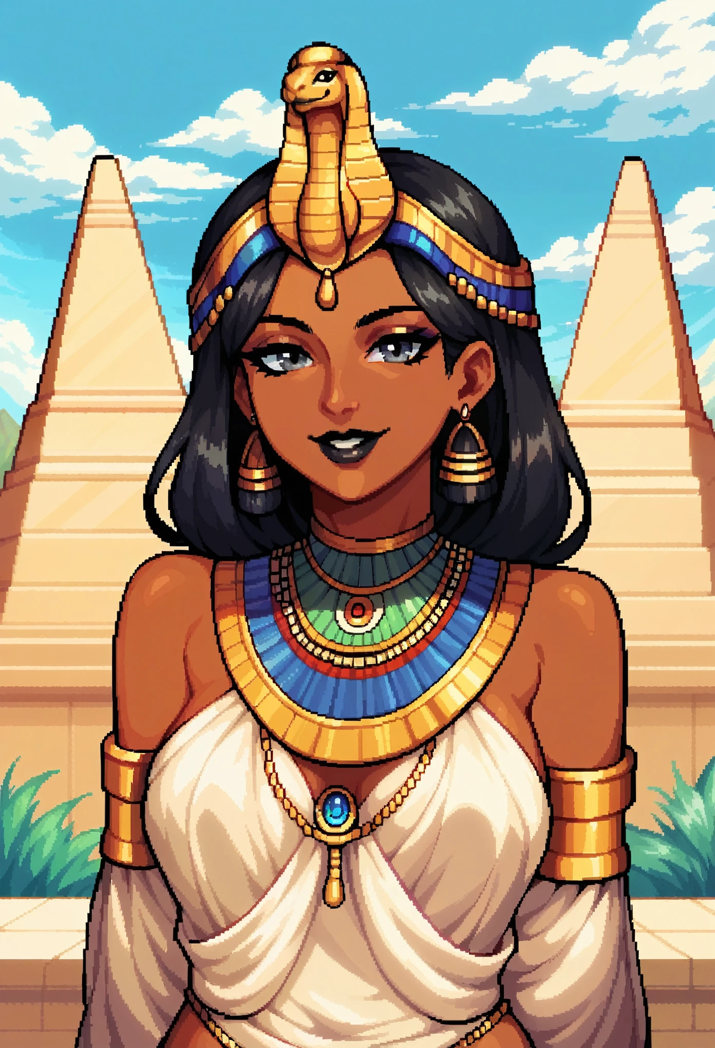 score_9, score_8_up, score_7_up, pixel art, 1girl, pyramid background, Acnient Egyptian, brown skin, traditional Ancient egyptian clothes , sunny, lovely, gentle smile, grey eyes, black lips, black eyes,
