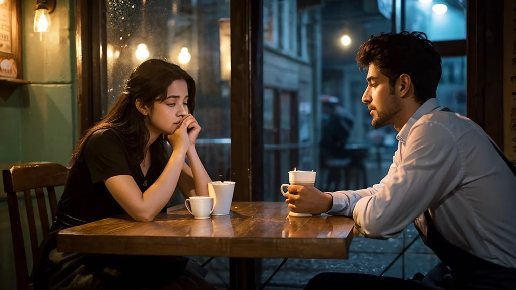 Imagine Prompt**:
- **Title**: "Last Embrace"
- **Setting**: A dimly lit café at closing time.
- **Characters**:
- **Rohan**: A heartbroken poet, sitting alone at a corner table.
- **Meera**: His lost love, who unexpectedly walks in.
- **Plot**:
- Rohan, nursing his pain, sips his cold chai. The café is about to close, and he's lost in memories of Meera.
- Just as he's about to leave, the door creaks open. Meera stands there, rain-soaked and vulnerable.
- Their eyes meet, and time freezes. The café's soft music plays in the background.
- Meera hesitates, then walks toward Rohan. She sits across from him, her hands trembling.
- They exchange no words—just a silent understanding. Rohan reaches for her hand, and she doesn't pull away.
- The café owner discreetly switches off the lights, leaving them bathed in moonlight.
- Their fingers entwine, memories flooding back—their first meeting, their laughter, their last kiss.
- As the rain intensifies outside, they lean in, foreheads touching. The world fades away, and they share one last embrace.
- The café door closes, sealing their moment. The raindrops on the windowpane echo their unspoken love