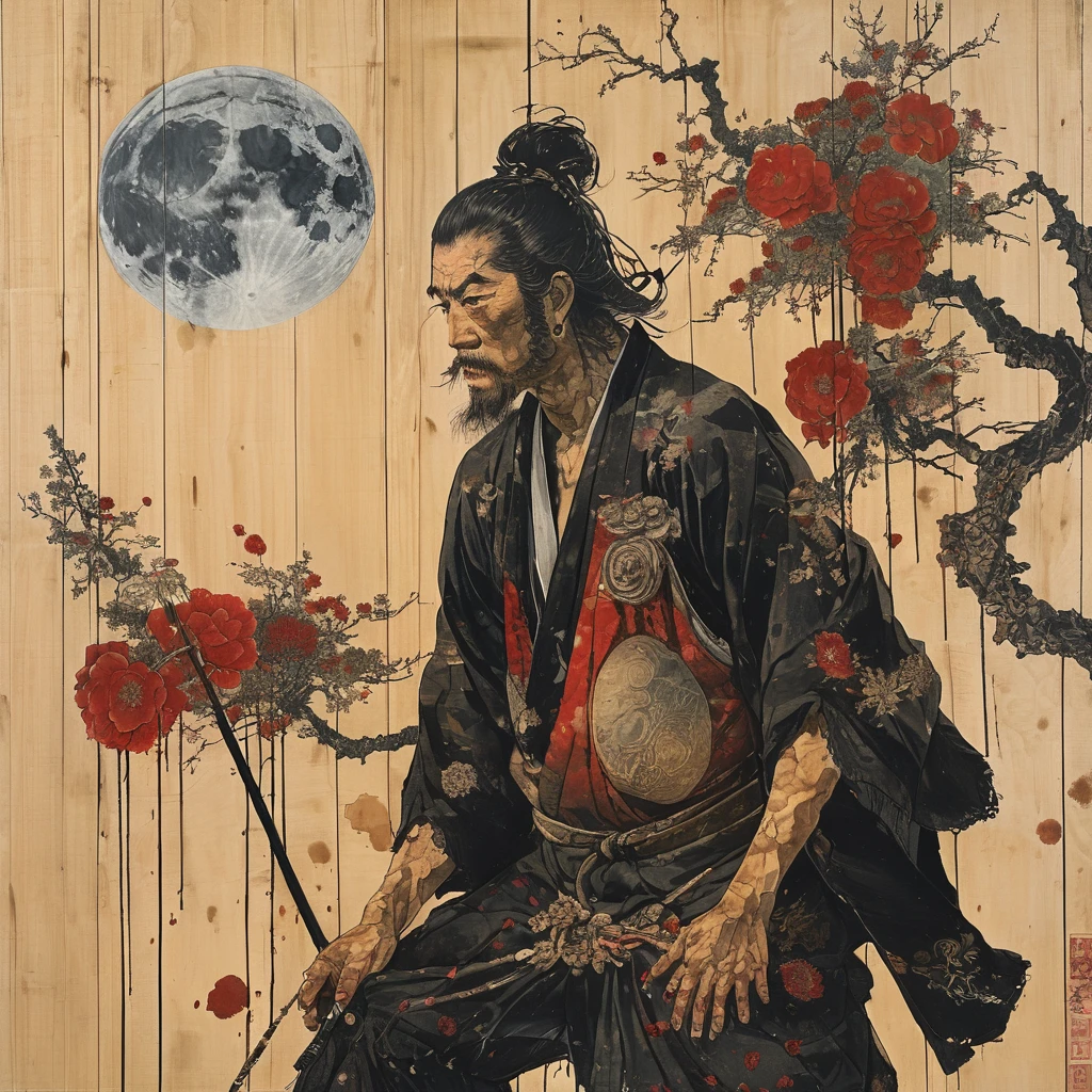 japanese line art , a samurai( tied up to a wooden steak with several arrows stuck in him,:1.2) lower body missing visible skeletal structure , ripped rags, rope and bloody ground, black skies and large moon , floral damask background , in the style of takato yamamoto ,