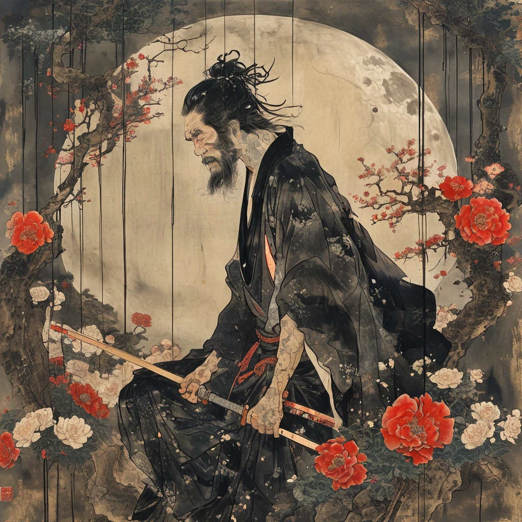 japanese line art , a samurai( tied up to a wooden steak with several arrows stuck in him,:1.2) lower body missing visible skeletal structure , ripped rags, rope and bloody ground, black skies and large moon , floral damask background , in the style of takato yamamoto ,