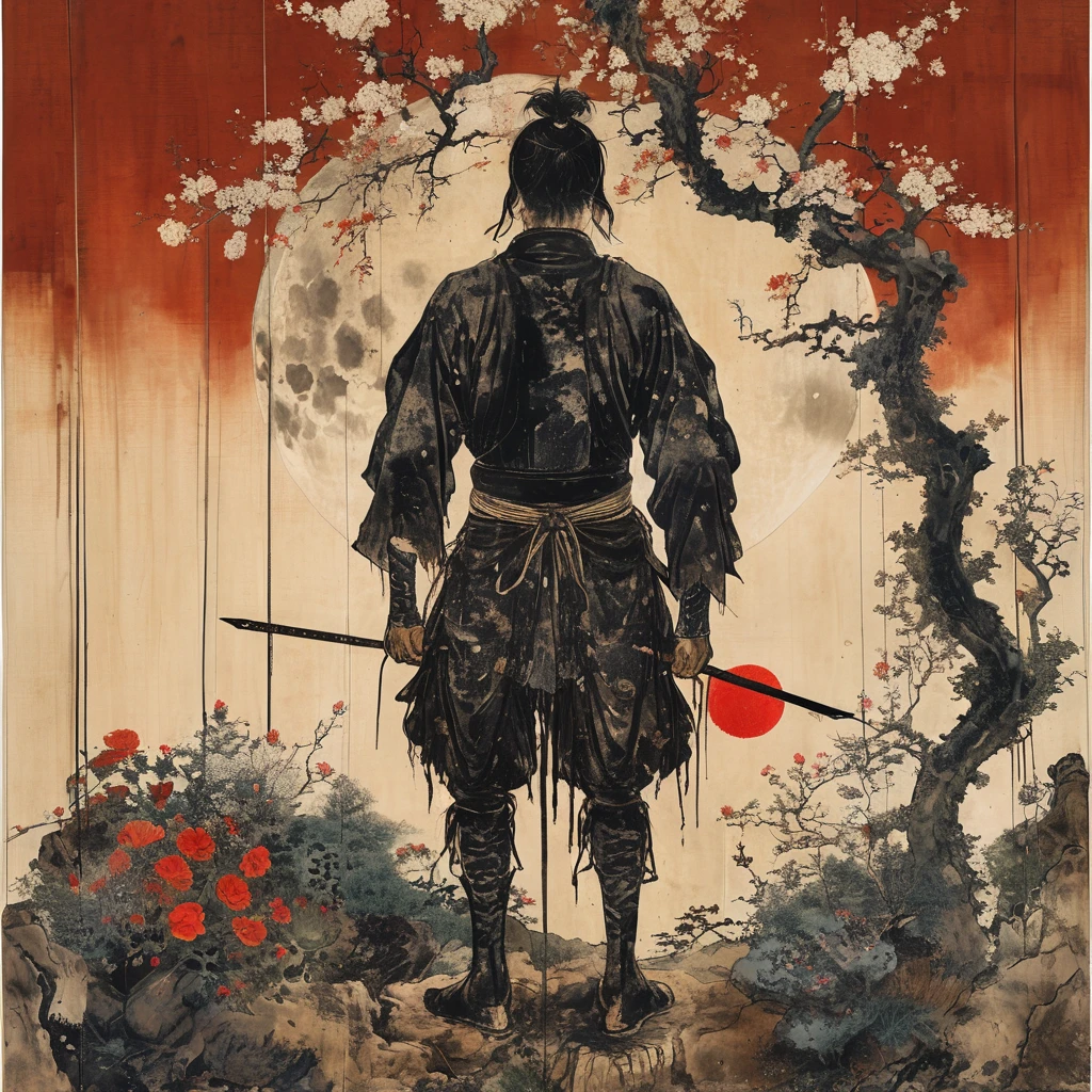 japanese line art , a samurai( tied up to a wooden steak with several arrows stuck in him,:1.2) lower body missing visible skeletal structure , ripped rags, rope and bloody ground, black skies and large moon , floral damask background , in the style of takato yamamoto ,