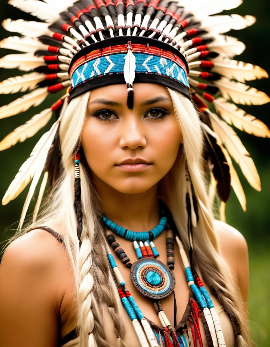 very attractive 25 year old girl with long platinum blonde hair, ultra detailed artistic photography, dressed as native american, traditional headress, very realistic