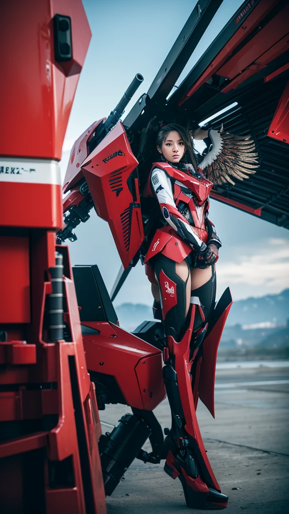 Creating a Mech,Gundam style,Rich in details,Wearing cold weapons,Crimson and black,Wings behind,Fighting Stance,complex structure,Add text spray paint and number spray paint on the mecha,Face the camera directly