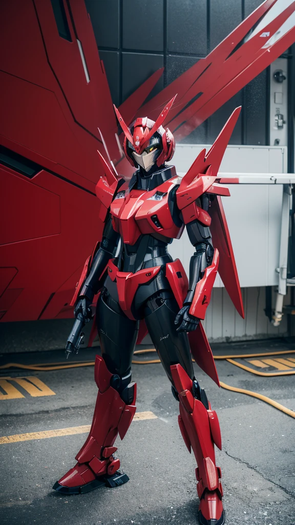Creating a Mech,Gundam style,Rich in details,Wearing cold weapons,Crimson and black,Wings behind,Fighting Stance,complex structure,Add text spray paint and number spray paint on the mecha,Face the camera directly