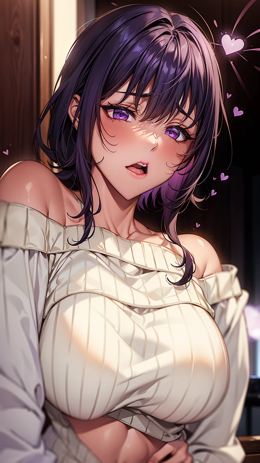 Raiden yelled., Purple Hair, Purple eyes , ((())), Exclamation mark, Moaning, Many Hearts,Voice of the Heart, Comic Strip,
(Moving lines, Motion Blur)Lots of heart bubbles,(((Off-the-shoulder sweater)))、1 boy,1 Girl