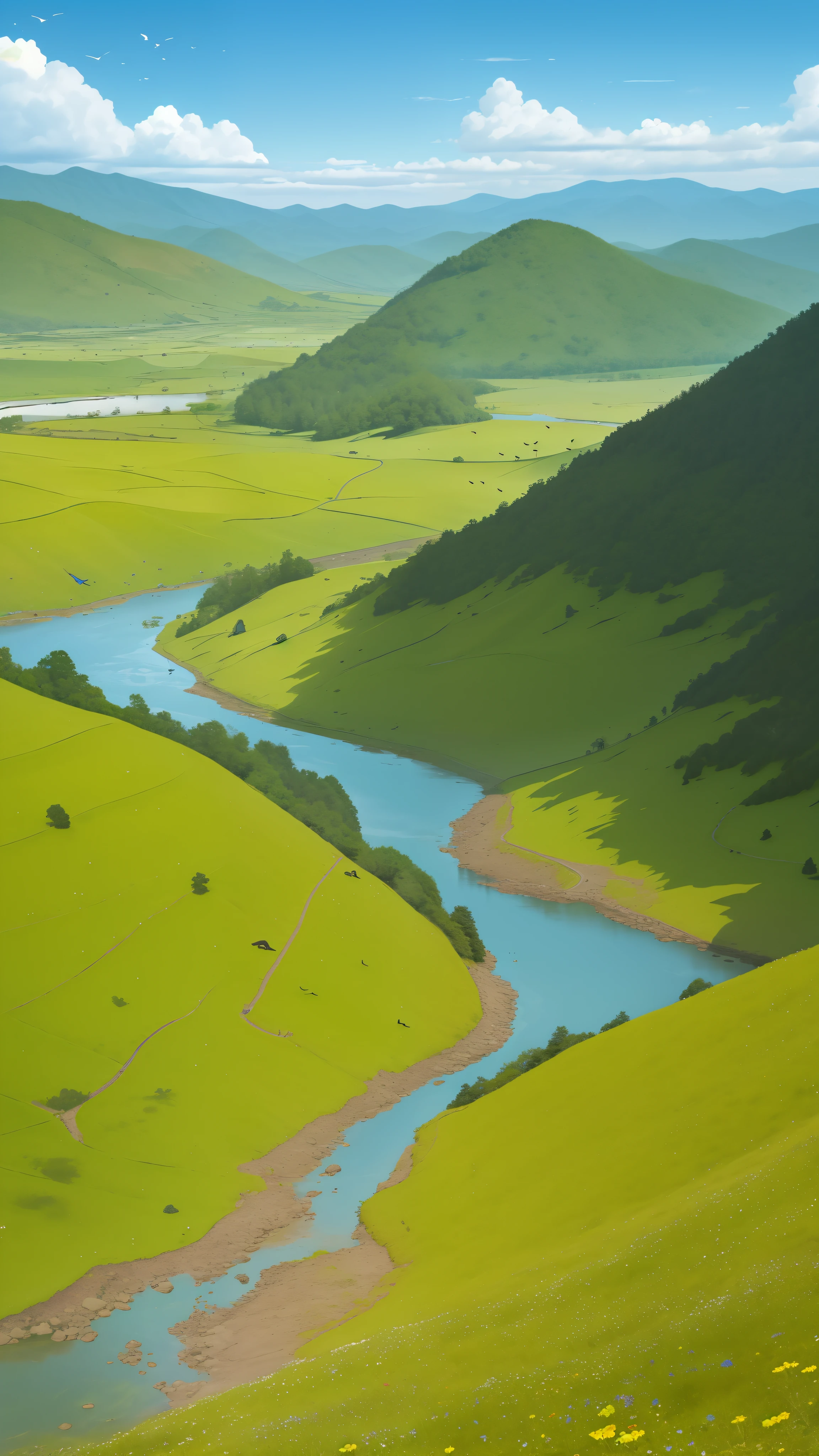 Distant scenery,Green mountains,clear blue skies,Flocks of birds fly in the sky,There are butterflies everywhere,Small river around,tussock,There are flowers on the ground,a warm color palette